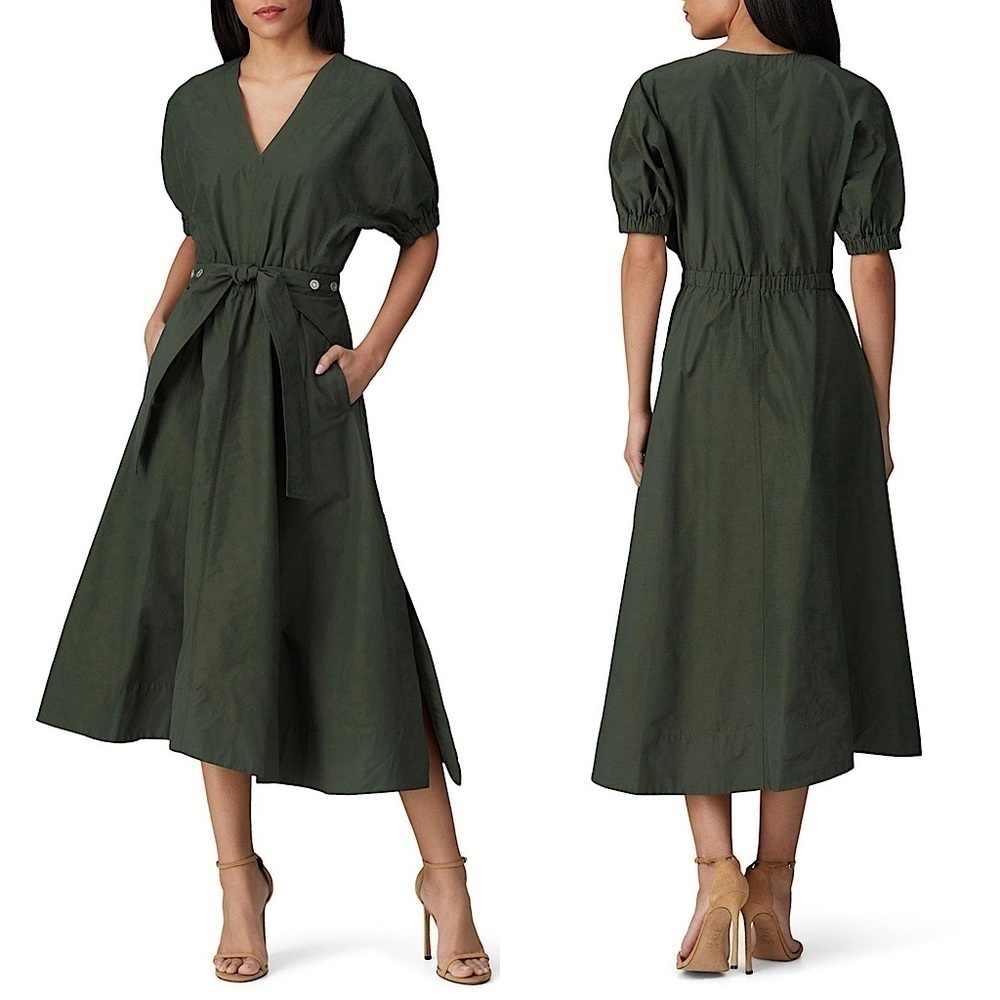 3.1 PHILLIP LIM Puffed Short Sleeve Grommet Tie Waist Full Skirt Utility Dress 0
